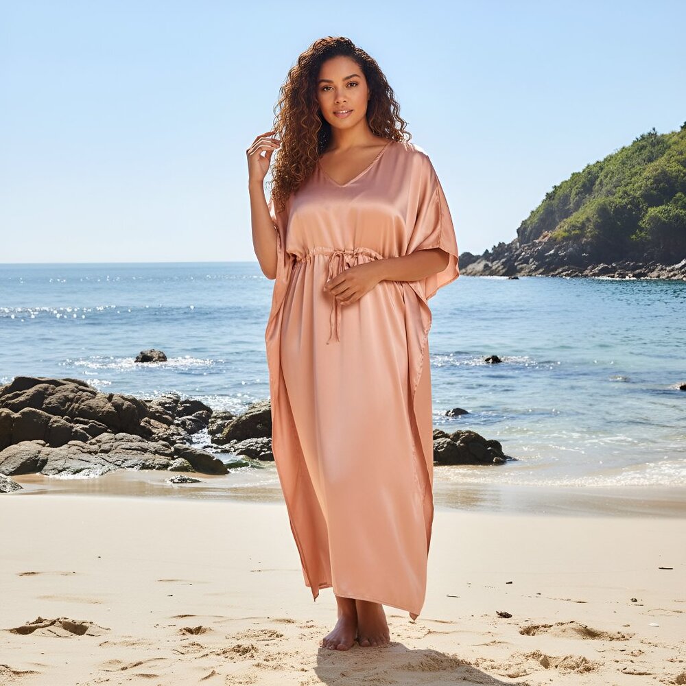 Women Plus Size Beach Cover Up Maxi Dresses Kaftan Satin solid V Neck Sundress